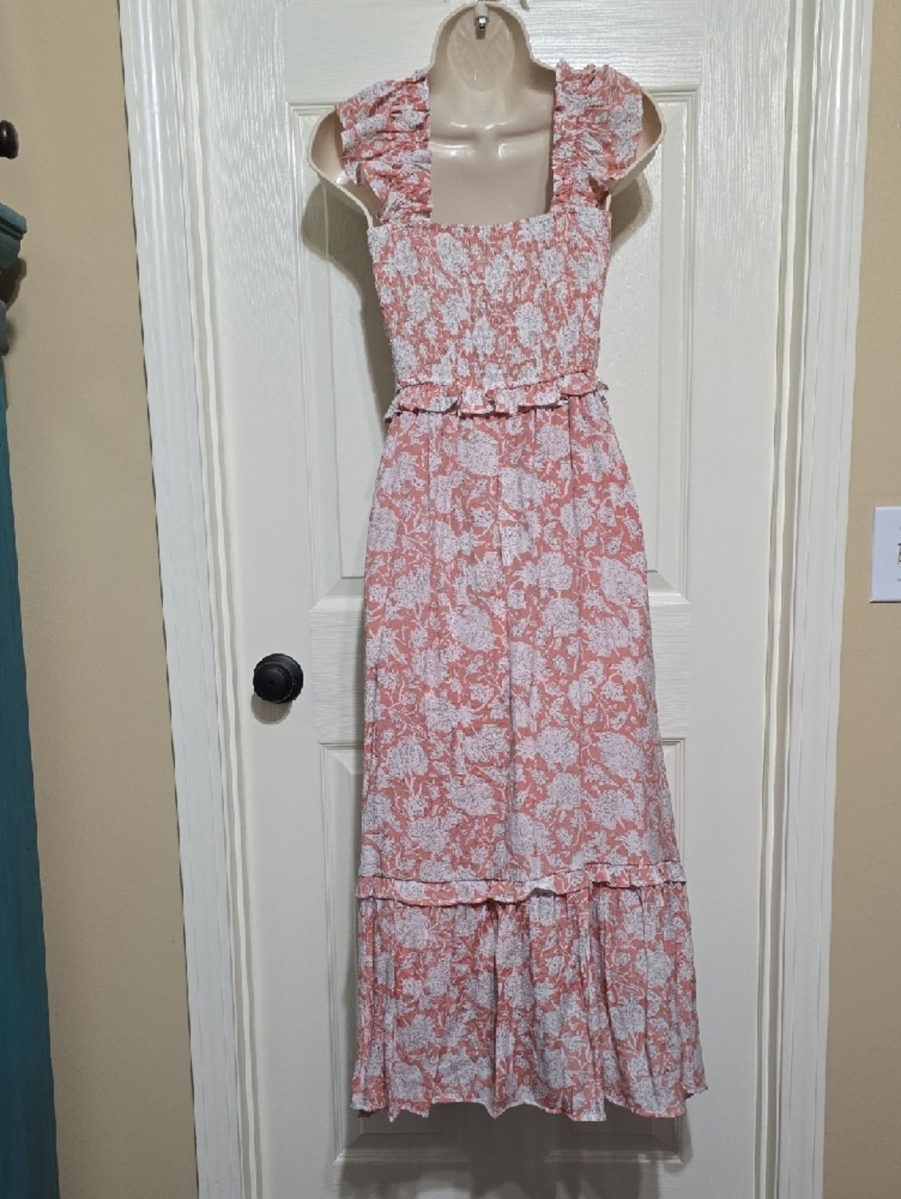 Smocked Ruffle Strap Maxi Dress in Coral - Picture 4 of 14